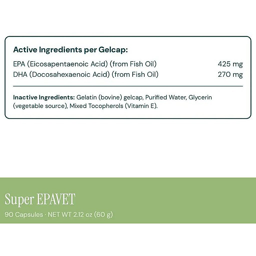 A product information panel showing the active ingredients per Gelcap, including EPA and DHA from fish oil, along with inactive ingredients and package details for Super EPAVET capsules.
