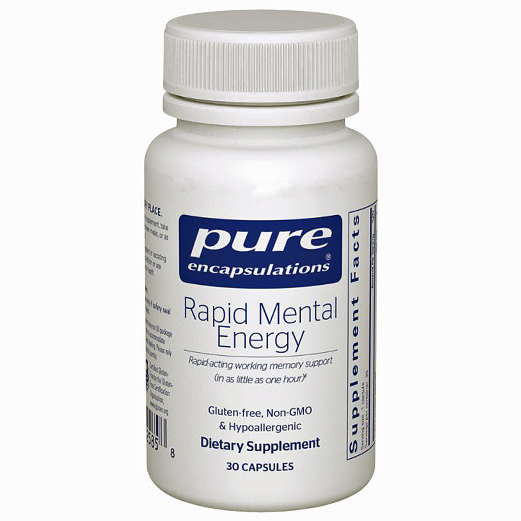 Supplement bottle labeled 'Pure Encapsulations Rapid Mental Energy' on a white background