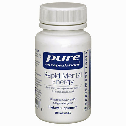 Supplement bottle labeled 'Pure Encapsulations Rapid Mental Energy' on a white background