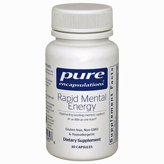 Supplement bottle labeled 'Pure Encapsulations Rapid Mental Energy' on a white background