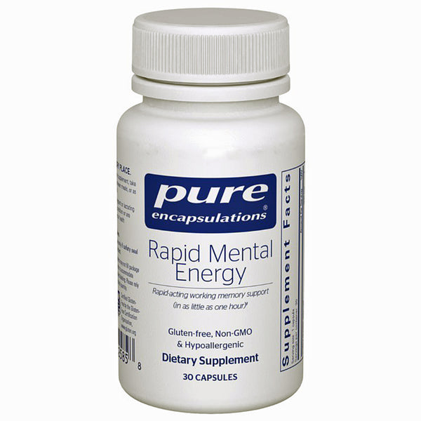 Supplement bottle labeled 'Pure Encapsulations Rapid Mental Energy' on a white background