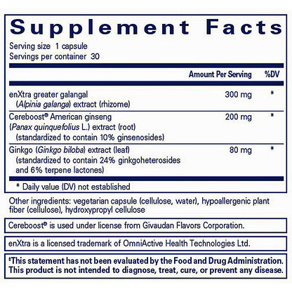 Supplement facts label with ingredients and dosages on a white background