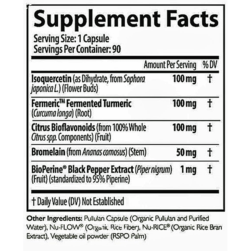 Supplement facts label with various ingredients and their amounts per serving.