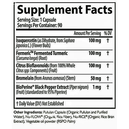 Supplement facts label with various ingredients and their amounts per serving.