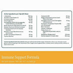 Front and back views of a soft chew supplement package. The front shows the brand 'Immune Support Formula' and a list of active ingredients in a white box with a yellow-orange band at the bottom.