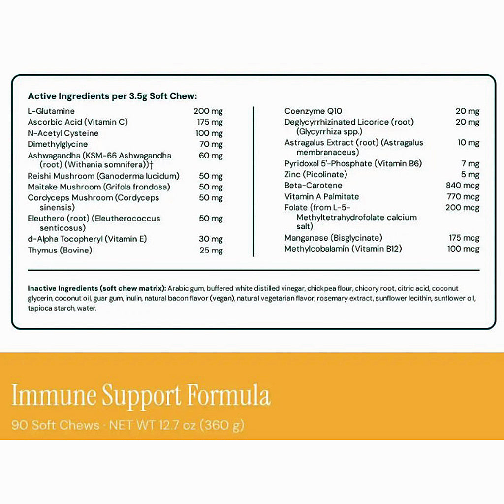 Front and back views of a soft chew supplement package. The front shows the brand 'Immune Support Formula' and a list of active ingredients in a white box with a yellow-orange band at the bottom.