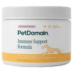 A front label design for Immune Support Formula powder. The middle section shows a dog in running motion, yellow banner at lower label for petdomain immune support powder for dogs and cats