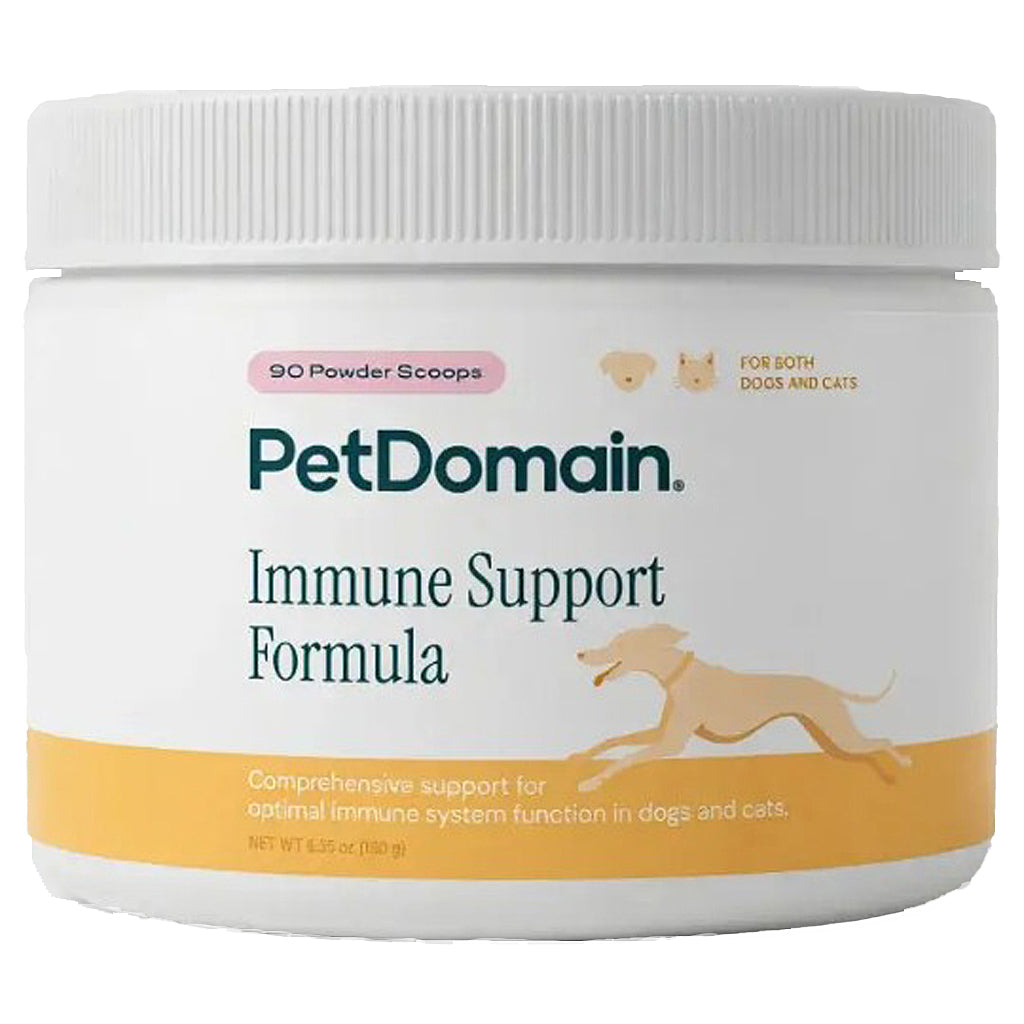 A front label design for Immune Support Formula powder. The middle section shows a dog in running motion, yellow banner at lower label for petdomain immune support powder for dogs and cats
