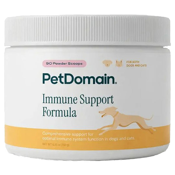 A front label design for Immune Support Formula powder. The middle section shows a dog in running motion, yellow banner at lower label for petdomain immune support powder for dogs and cats