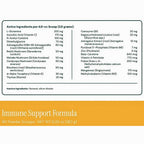 A supplement facts panel and label design for Immune Support Formula powder. The top section shows a black-bordered nutrition-style ingredient table with active ingredients and amounts in mg, on a white background.