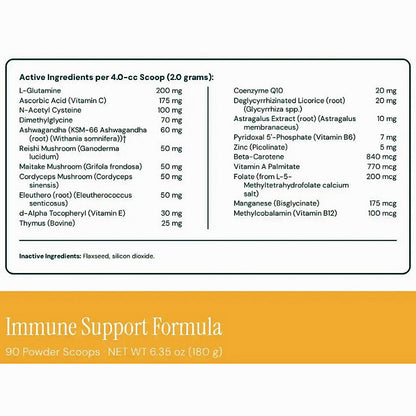 A supplement facts panel and label design for Immune Support Formula powder. The top section shows a black-bordered nutrition-style ingredient table with active ingredients and amounts in mg, on a white background.