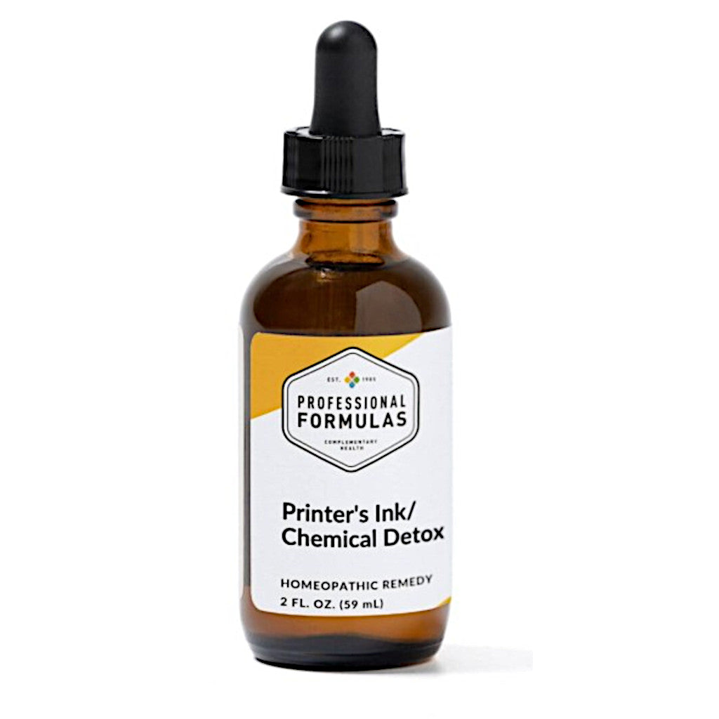 Bottle of 'Printer's Ink/Chemical Detox' homeopathic remedy with a dropper on a white background