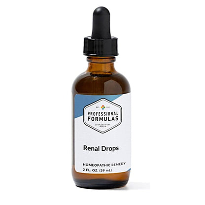 Amber glass bottle with dropper labeled 'Professional Formulas Renal Drops' on a white background