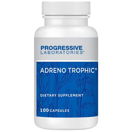 Supplement bottle labeled 'Adreno Trophic' by Progressive Laboratories on a white background