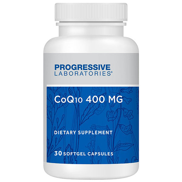 Supplement bottle labeled 'CoQ10 400 MG' by Progressive Laboratories on a white background