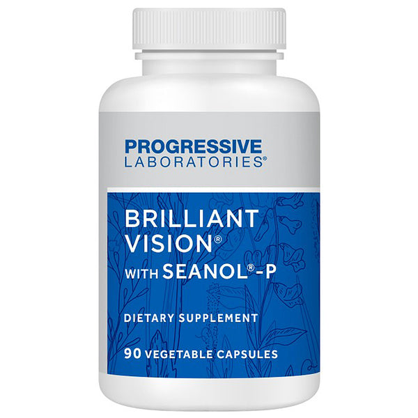 Supplement bottle labeled 'Brilliant Vision with Seanol-P' by Progressive Laboratories on a white background