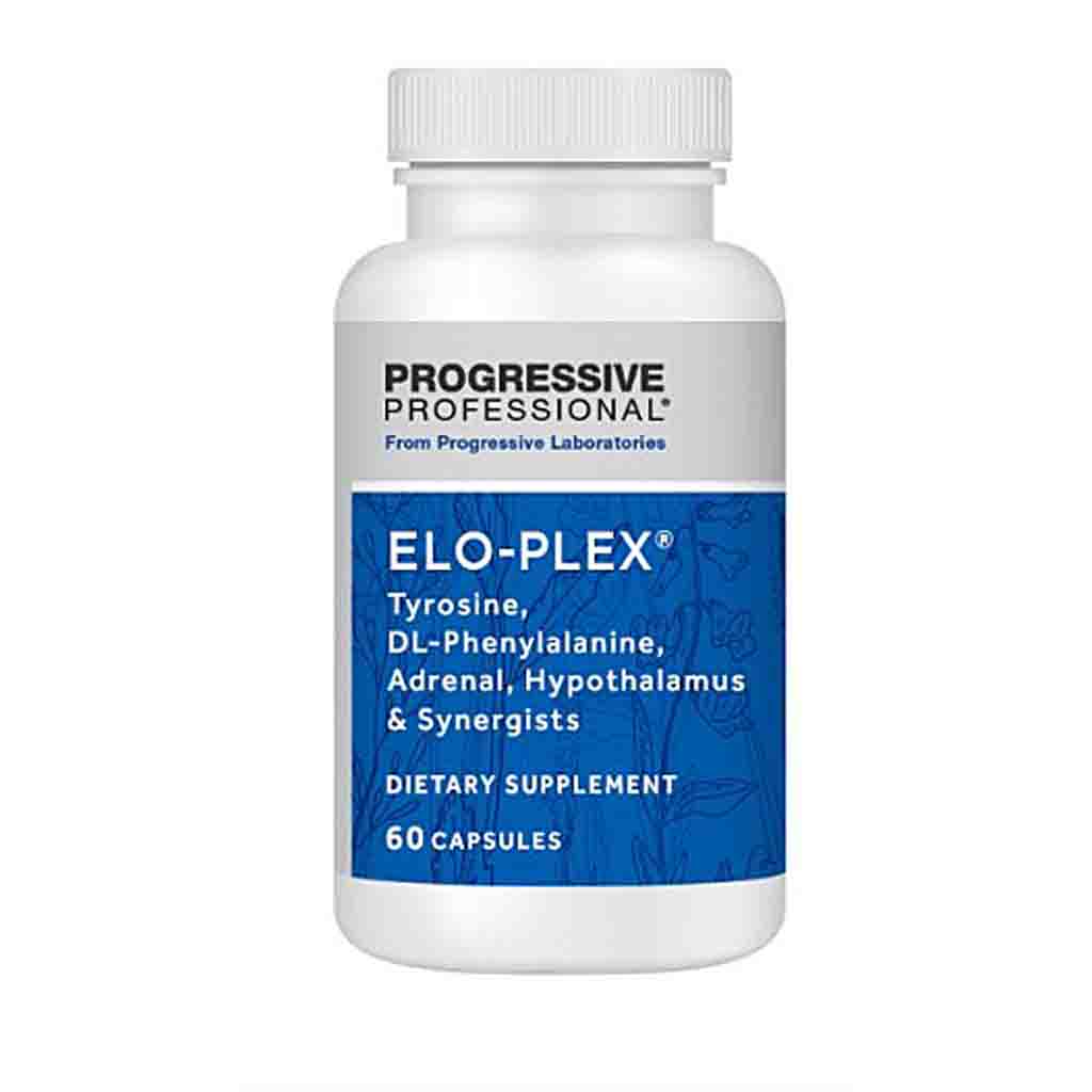 A white plastic bottle of Progressive Professional ELO-Plex dietary supplement with a blue and white label, on a plain white background.