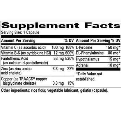 A close-up of a supplement facts label showing a supplement capsule's nutrition facts, including Vitamin C, Vitamin B-6, Pantothenic Acid, Zinc, Copper, L-Tyrosine, DL-Phenylalanine, Hypothalamus, and Adrenal, with a note mentioning rice flour, vegetable lubricant, gelatin, and a 1 capsule serving size.