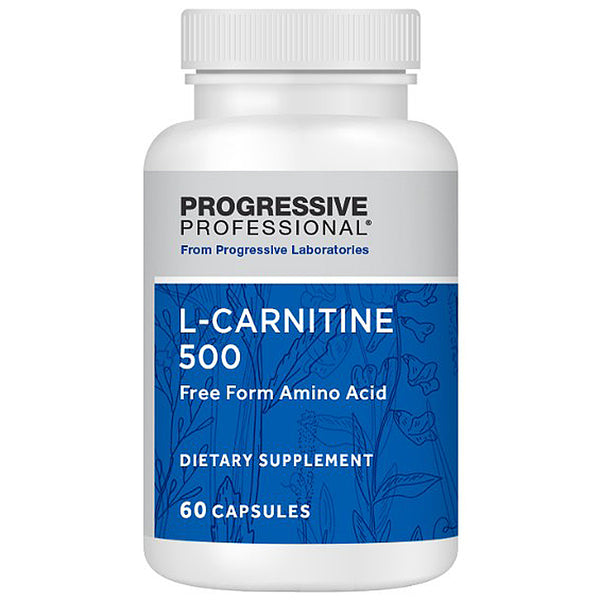 Supplement bottle labeled 'L-Carnitine 500' by Progressive Laboratories on a white background