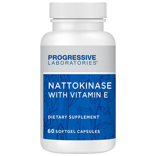 Supplement bottle labeled 'Nattokinase with Vitamin E' by Progressive Laboratories on a white background