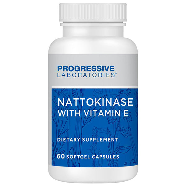 Supplement bottle labeled 'Nattokinase with Vitamin E' by Progressive Laboratories on a white background