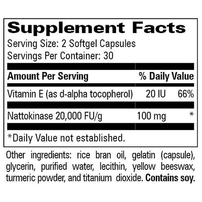 Supplement facts label with vitamin E and nattokinase content on a white background