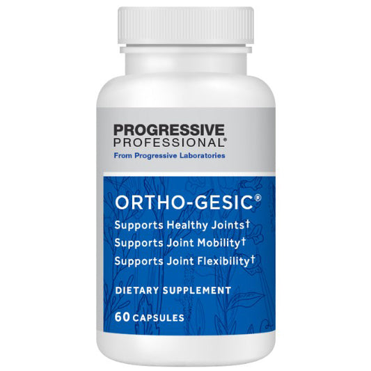 Supplement bottle labeled 'Ortho-Gesic' by Progressive Laboratories on a white background