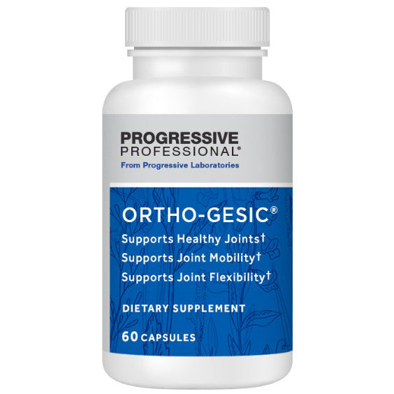 Supplement bottle labeled 'Ortho-Gesic' by Progressive Laboratories on a white background