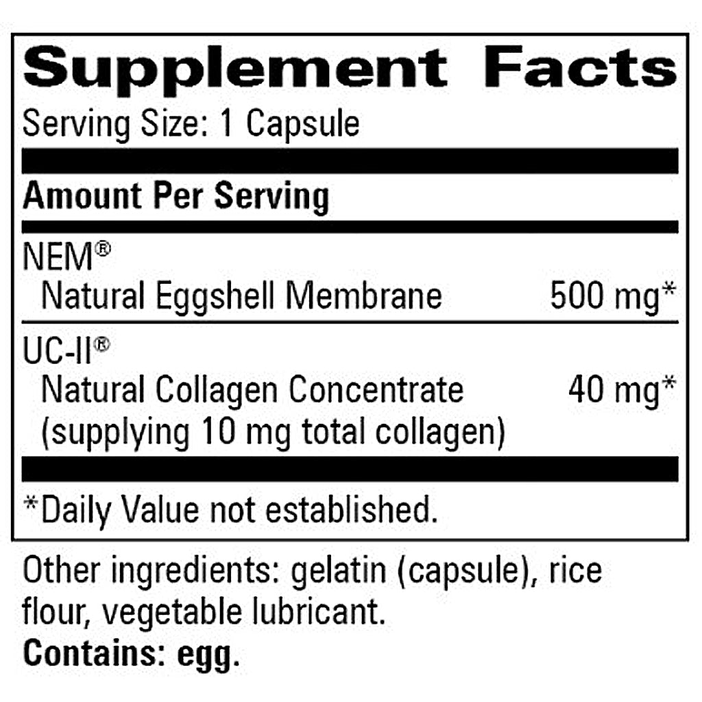Supplement facts label for capsules with NEM and UC-II on a white background