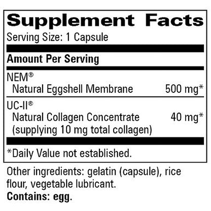 Supplement facts label for capsules with NEM and UC-II on a white background