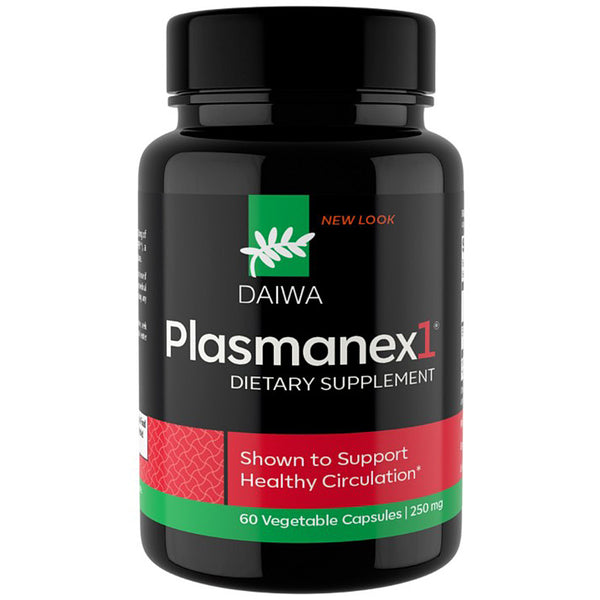 Black supplement bottle labeled 'Plasmanex1' by Daiwa on a white background
