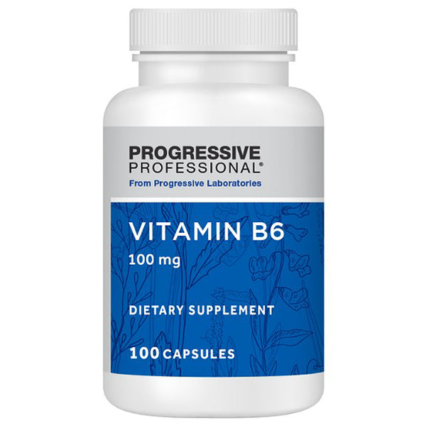 Supplement bottle labeled 'Vitamin B6' by Progressive Laboratories on a white background