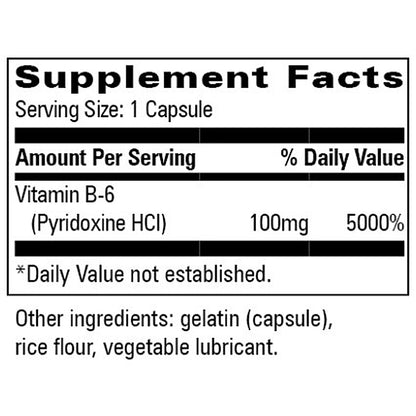 Supplement facts label for a vitamin B-6 supplement capsule.