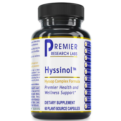 A black plastic bottle of Premier Research Labs Hyssinol dietary supplement with a white, blue, and yellow label, shown on a plain white background.