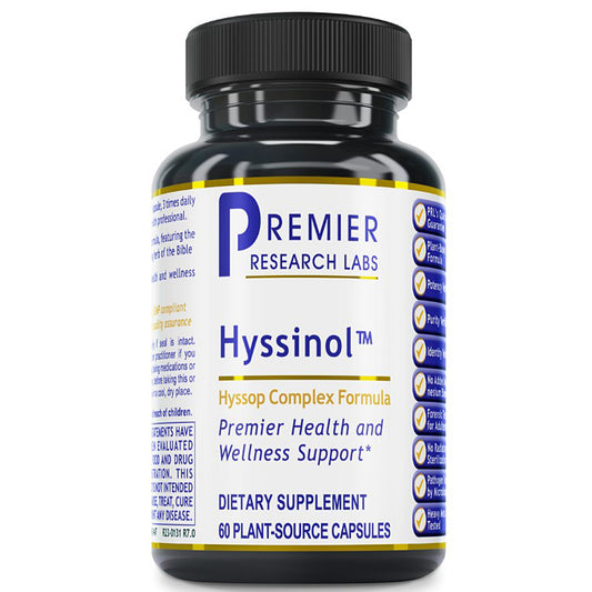 A black plastic bottle of Premier Research Labs Hyssinol dietary supplement with a white, blue, and yellow label, shown on a plain white background.