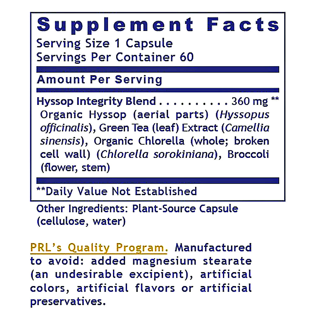 A Supplement Facts label from PRL's showing details for Hyssop Integrity Blend capsules, including serving size, daily value information, and quality program details on a white background.