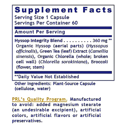 A Supplement Facts label from PRL's showing details for Hyssop Integrity Blend capsules, including serving size, daily value information, and quality program details on a white background.