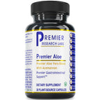 Bottle of Premier Aloe dietary supplement with black cap and white label on a white background