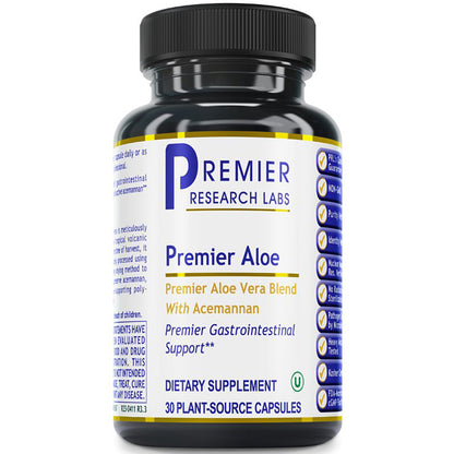 Bottle of Premier Aloe dietary supplement with black cap and white label on a white background