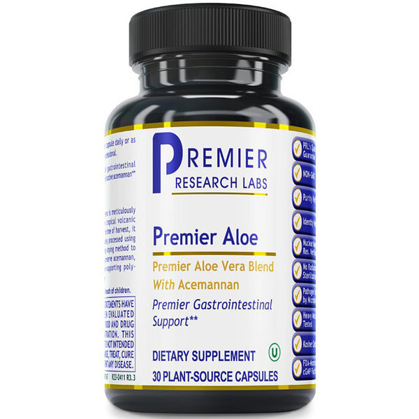 Bottle of Premier Aloe dietary supplement with black cap and white label on a white background