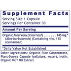 Supplement facts label for a product containing organic aloe vera and other ingredients on a white background.
