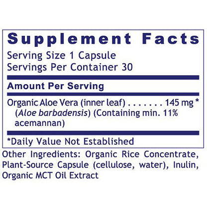 Supplement facts label for a product containing organic aloe vera and other ingredients on a white background.