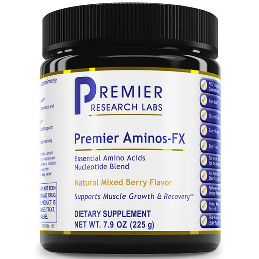 Dietary supplement container labeled 'Premier Aminos-FX' by Premier Research Labs on a white background.