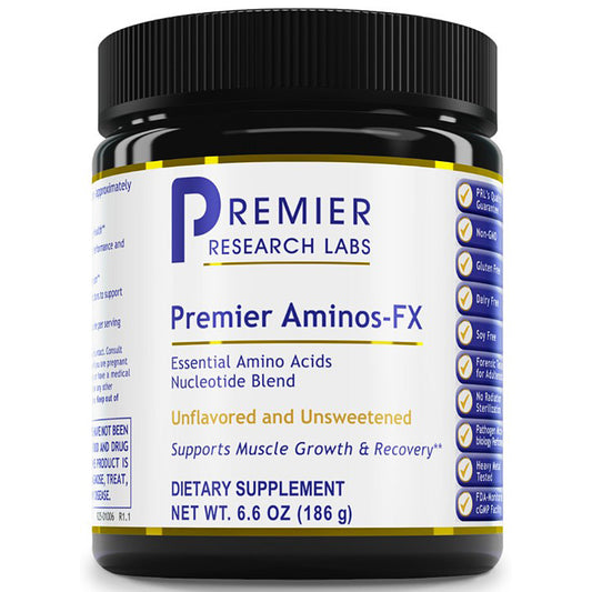 Supplement container labeled 'Premier Aminos-FX' by Premier Research Labs on a white background.