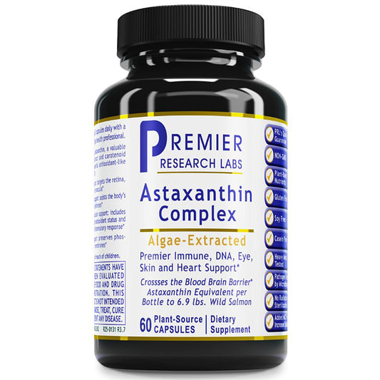 Bottle of Premier Research Labs Astaxanthin Complex on a white background