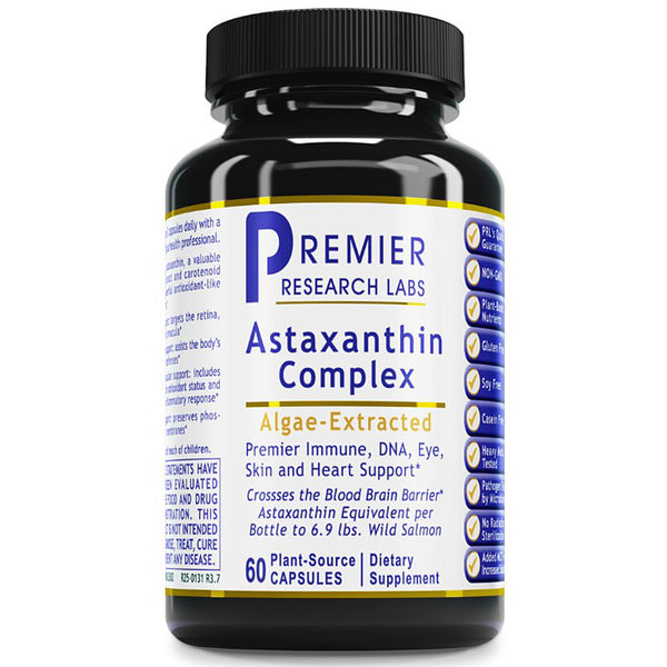 Bottle of Premier Research Labs Astaxanthin Complex on a white background