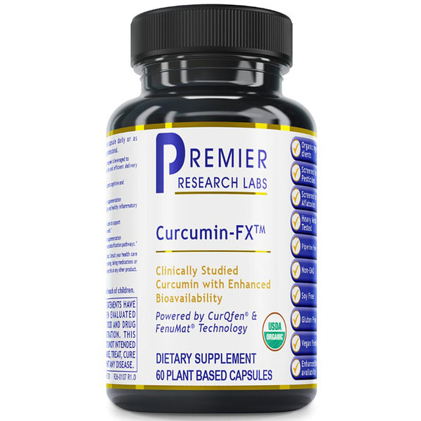 Bottle of Premier Research Labs Curcumin-FX dietary supplement on a white background