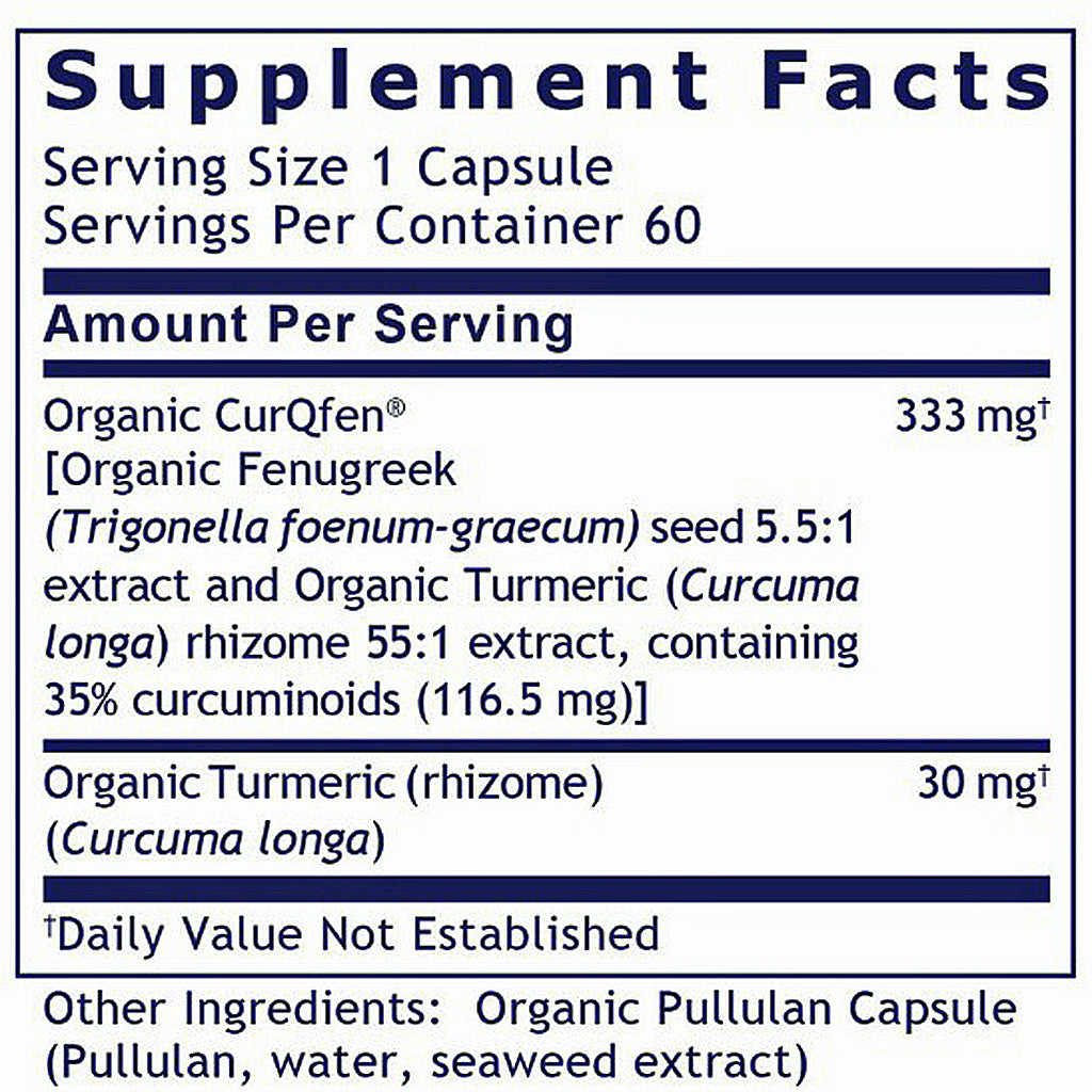 Supplement facts label for Organic CurQfen with serving size and container details.