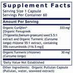 Supplement facts label for Organic CurQfen with serving size and container details.