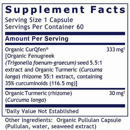 Supplement facts label for Organic CurQfen with serving size and container details.